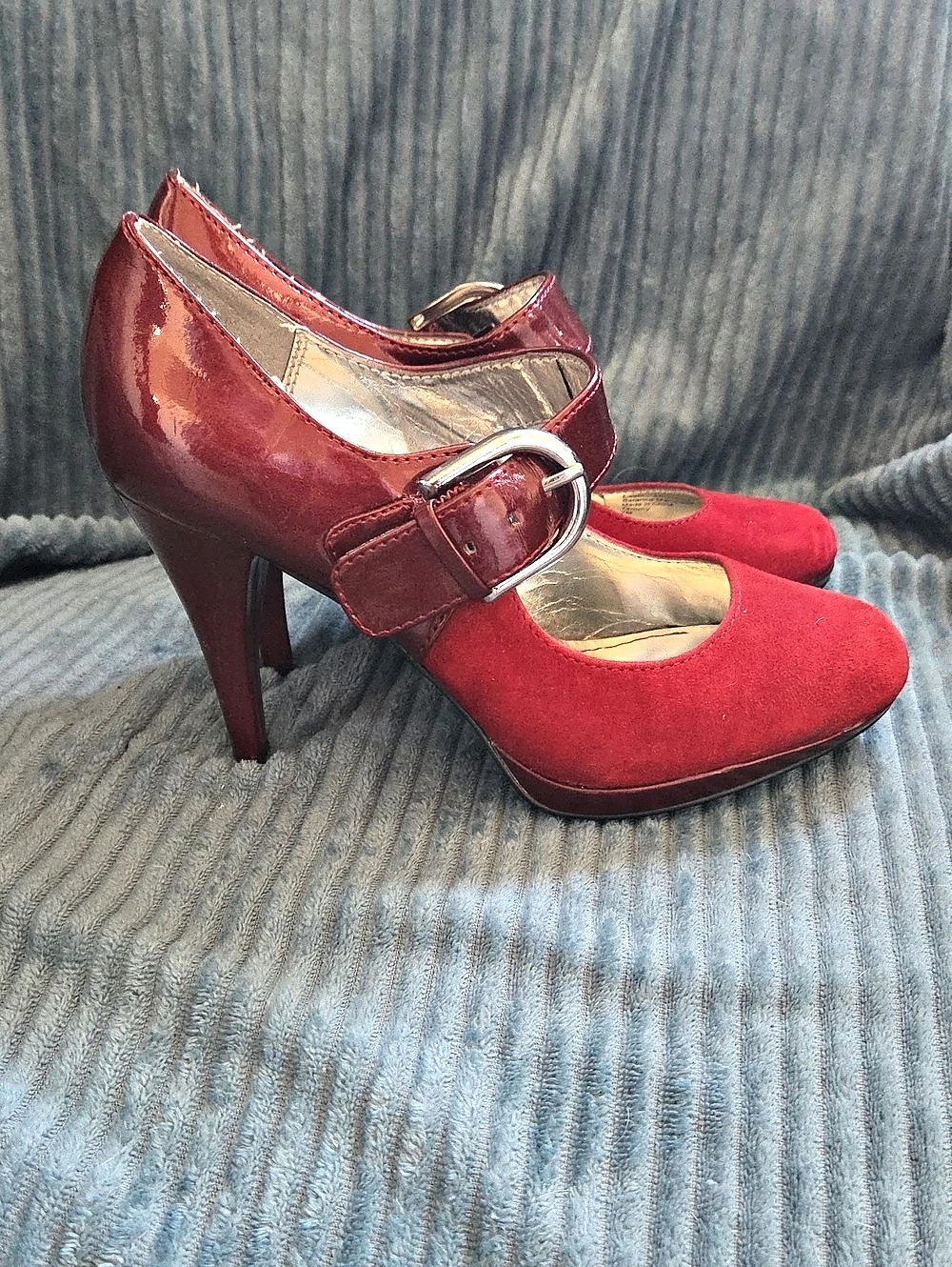 Style & Co Red Mixed Media Mary Jane Pumps Suede Patent Buckle Heels 6
